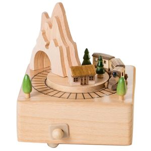Scatole di scatole musicali in legno caldo con tunnel di montagna con piccolo treno netico in movimento |Play