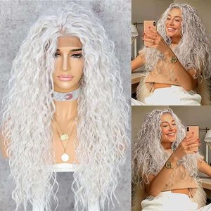 Sapphirewigs Curly syntetiska spetsar främre peruker Long Deep Wave Glueless Pre -plockad hårfäste vit grå 60# Kanekalon Wig Cosplay Party Daily Makeup Halloween Användning