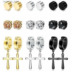 Ear Cuff Ear Cuff WKOUD 1-9 Double Stainless Steel Cross Ring Stud Earrings Suitable for Women No Perforated False Magnets No Perforated Ear Clips Jewelry Y240326