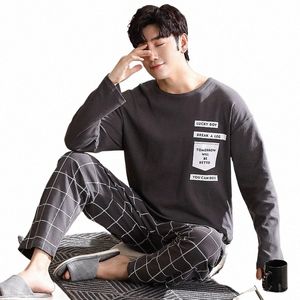 spring Knitted Pj Lg Sleeved Men's Pajamas Sets Male Pajama Set Plaid Pajama For Men Sleepwear Suit Homewear Size 3XL 4XL A7zP#