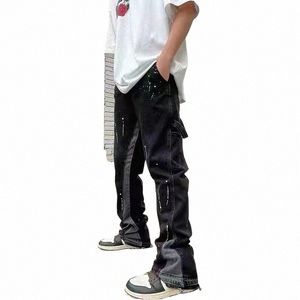 vintage Streetwear Flared Jeans Pants Hip Hop Spling Ink Wide Leg Jean Overalls for Men Fiable Retro Patchwork Jeans R9Kr#