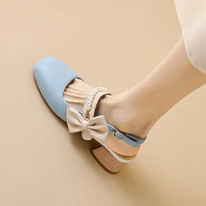 Dress Shoes Butterfly Pearl String Stickers Square Headed Girls' Sandals Back Strap Wood Grain Thick Heels Lolita Style Sweet