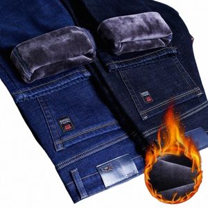 2023 Winter New Men's Warm Slim Fit Jeans Busin Fi Thicken Denim Trousers Fleece Stretch Brand Pants Black Blue w1e6#
