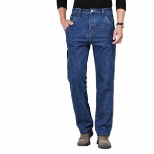 winter Autumn High Waist Thick Cott Fabric Jeans Men Casual Classic Straight Jeans Male Denim Multi-Pocket Pants Trousers y24c#