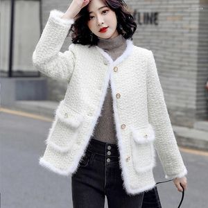 Damenjacken Luxus Hohe Qualität Frauen Weiß Tweed Jacke Mantel Herbst Winter Patchwork Woolen Dicke Warme Taschen Oberbekleidung