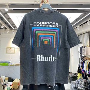 メンズTシャツ男性女性ビンテージヘビーファブリックrhudeボックスパースペクティブティー少しゆるいマルチカラー素敵な洗濯rhudeTシャツ