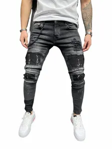 мужские рваные джинсы скинни в байкерском стиле, черные рваные облегающие брюки-карандаш высокого качества, джинсовые брюки на молнии с локомотивом, брюки в стиле хип-хоп B5cx #