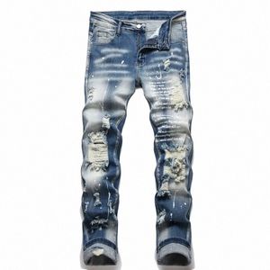 uomini Y2k elastico denim jeans strappati skinny lettera stampa elastico in vita pantaloni casual per gli uomini foro slim fit streetwear pantaloni da uomo W2jf #