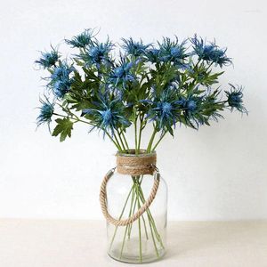 Dekorativa blommor konstgjorda erygngium tistlar gäng simulering växter 3-gaffel bröllop fest diy hantverk bukett mittpieces ljusblå