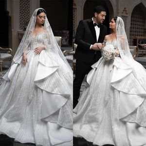 Luxuriöse Ballkleid-Hochzeitskleider, schulterfrei, lange Ärmel, Perlenapplikationen, Spitze, Robe De Mariee, maßgeschneidert, mit Schnürung hinten, Vestido de Novia für die Braut