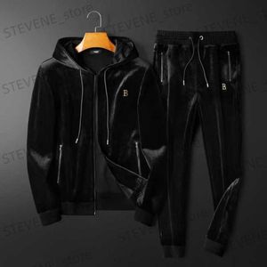 Men's Tracksuits High end Leisure Sports Hooded Set Mens Gold Velvet Two piece Set Loose Autumn and Winter New Mens Wear T240326