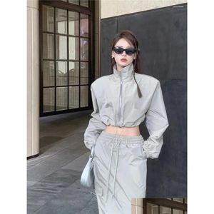 Work Dresses Girl Casual Suit Womens Loose Sunsn Zipper Coat Summer Elastic Waist Split Skirt Two-Piece Set Fashion Female Drop Delive Otgm6