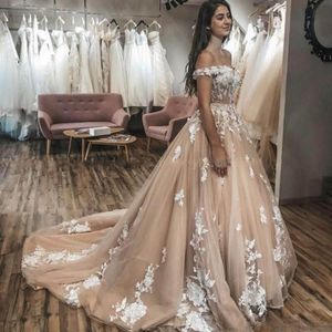 2024 Arabic Vintage A Line Wedding Dresses Tulle White 3D Floral Lace Appliques Off Shoulder Corset Back Plus Size Bridal Gowns