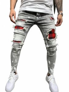 distr Plaid Patch Holes Streetwear Ripped Skinny Jeans Men Biker Slim Elastic Denim Cargo Pants Y2K Pantales Hombre Joggers 10ZP#