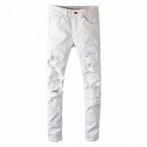 sokotoo Herren-Jeans mit Kristalllöchern, weiß, zerrissen, schmal, schmal, Rhineste-Stretch-Jeans, 46gZ#
