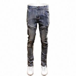 Retro Stitching Stretch Denim Jeans 2022 Herbst Winter Herren Motorrad Slim Casual Designer LG Hosen FI Cargo Hosen r3Ql #