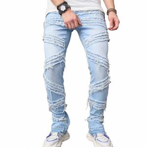 Homens streetwear elegante emendado magro motociclista calças de brim hip hop empilhados masculino sólido jogging calças jeans retas i5Pf #