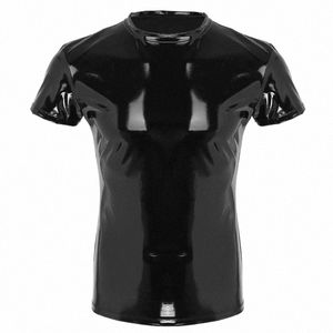 T-shirt effetto bagnato in pelle PVC da uomo sexy T-shirt elasticizzata canottiera in lattice Clubwear Costume di scena T-shirt attillata muscolare Top U9Dc #