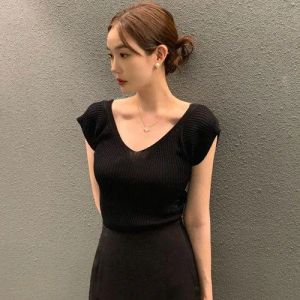 Womens Sweaters Summer Fashion Elegant Slim Jumpers Backless V-Neck Short Sleeve Knitted Plovers Korean Elastic Fit Solid Drop Deliver Ot09U