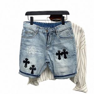 Trendige Cross-Leder-Slim-Denim-Shorts für Männer im Sommer, persalisiert, koreanischer Stil, Mi, blaue, abgeschnittene Hosen