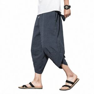 Baggy Cott Harem Pants Homens 2023 Verão Japonês Vintage Listrado Homens Mulheres Hip Hop Plus Size Calças Perna Larga Pantal v59i #