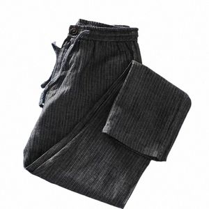 Schinte 100% czyste lniane spodnie w paski mężczyźni swobodne elastyczne pasy sznurka chińska rozmiar letni cienki spodnie Nowe 38eu#