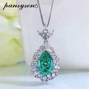 Pansysen 925 Sterling Silver Pear Cut Paraiba Tourmalineシミュレーションダイヤモンドアニバーサリーペンダントネックレスファインジュエリー240305