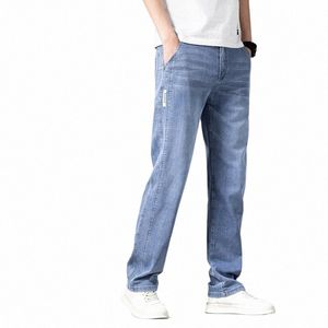 Summer Thin Jeans Men Loose Straight Pants Fi Elastic Midje Stretch Cott Busin Casual Denim Trousers Blue B0GD#