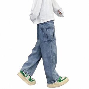 stylish Couple Denim Pants Hip Hop Unisex Jeans Solid Color Streetwear Japan Style Large Pockets Denim Pants 2217#