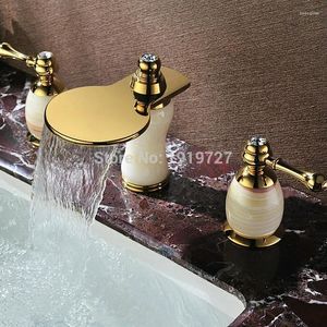 Torneiras de pia do banheiro Vidric apressado contemporâneo luxuoso estilo dourado generalizado dupla alavanca deck montagem 3 buracos banho navio