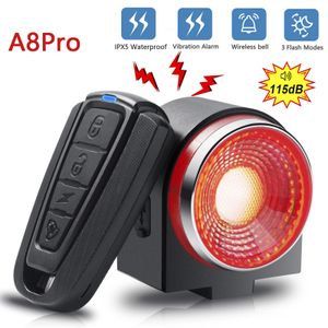 Lâmpada traseira da bicicleta luz de freio alarme roubo chamada remota controle sem fio carga usb lanterna led localizador chifre a8pro 240322