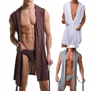 casual Men Pajamas Solid Color Above Knee Cardigan Thin Men Bath Robe Sexy Pajamas Sleepwear Hooded Bathrobe Men Bathing Pyjamas H3yM#