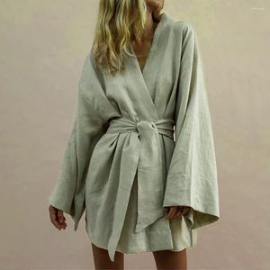 Kvinnors badkläder Summer Cotton Shirtdress Långärmad baddräkt omslag Vit Cardigan Beachwear Sun Protection Self Belted Kimono Dress