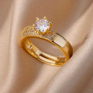 Band Edelstahl Roundringe für Frauen Zirkon geometrische Goldfarbe Kristallring Ästhetische Hochzeitsfeier Jewerly Geschenke Bague Femme J240326