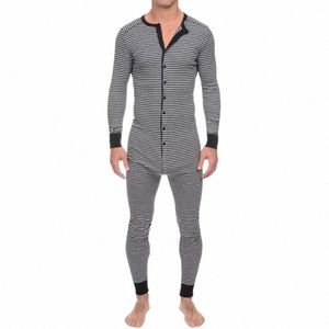 Herren-Unterwäsche-Pyjama, dünn, gestreift, Overall, LG-Hülse, O-Ausschnitt, Hintern, Strampler, Nachtwäsche, Overall, Großhandel, Onesies-Pyjama-Set