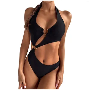 Women's Swimwear Hollow Solid Metal Ring Neck Halter Backless Girl Sexy One-Piece Swimsuit Spring Tankini Women 2024