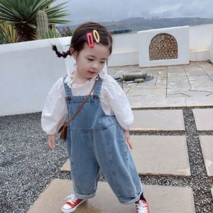 Kore tarzı çocuk çocuklar büyük boy geniş bacak denim tulum bebek kıyafetleri kızlar loose allmatch rahat pantolon 240307