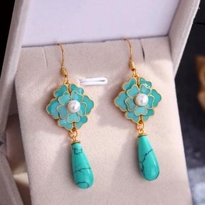 Brincos pendurados vintage turquesa camélia para mulheres acessórios de design chinês antigo ouro artesanato esmalte gota joias