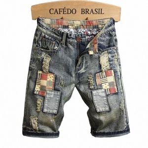 Zgrane krótkie dżinsy mężczyźni Vintage jeansowe szorty prosta otwór plastra krańca hip hop Fi Kolan Długość spodnie uliczne W23Y#