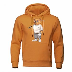 herr. Björn med en golfklubb i gatukläder Mens Hip Hop Street Hoodies Warm Crewneck Hoody Crewneck Pullover Streetwear Man F6i9#