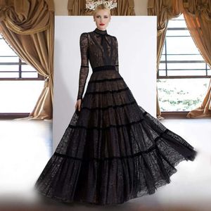 Said Black Sharon A-Line Elegant Lace Evening Dress 2024 Dubai Tiered Long Sleeves Muslim Women Formal Party Gowns Sf023