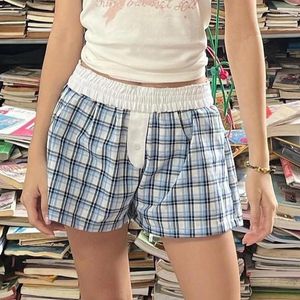 Women's Shorts Y2K Aesthetic Grunge Retro Boyshorts Vintage Outfits Loose Plaid High Elastic Waist Button Short Pants Summer Clothes