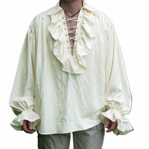 Mens Costume rinascimentale increspato manica Lg Lace Up medievale Steampunk pirata camicia Cosplay principe dramma costume di scena Top b12I #
