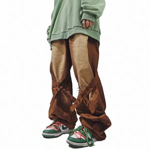 Fewq Rivet Design Masculino Y2K High Street Jeans Vintage Wahsed Mael Niche Denim Calças Hip Hop Calças de Perna Larga Queimadas Auitumn Novo R7rK #