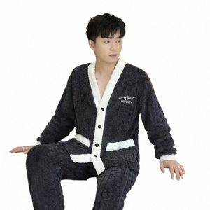 Коралловый флисовый пижамный комплект Мужская одежда для сна Зимняя пижама Кардиган 2 шт. Комплект Теплая фланелевая ночная рубашка для отдыха Утолщенная домашняя одежда e5MX #