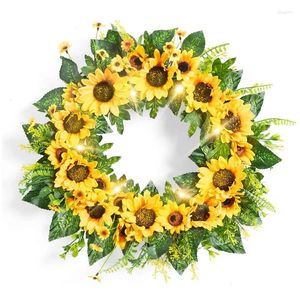 Dekorativa blommor Yo-Sunflower Wreaths för ytterdörrdekor 18 tum konstgjorda sommarkrans med grönt blad stor upplyst vår