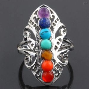 Med sidogenar 1 datorer Fashion Silver Color Plated 7 Chakra Healing Hollow Justerable Ring Thumb Reiki Gem smycken