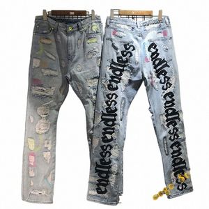 Svart fluorescerande grön bokstav broderi denim byxor män kvinnor hip hop skada hål distribuera jeans högkvalitativ denim jean h9sj#