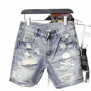 Sommarmän slitna pärlhål tiggarsträcka rippade korta jeans män streetwear koreansk fi smal fit denim shorts t8pd#