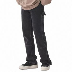 vintage Mens Straight Jeans Y2k Streetwear Pant Wide Leg Hip Hop Black Solid Color Zipper Loose Denim Jeans Hip Hop Trousers New L19e#